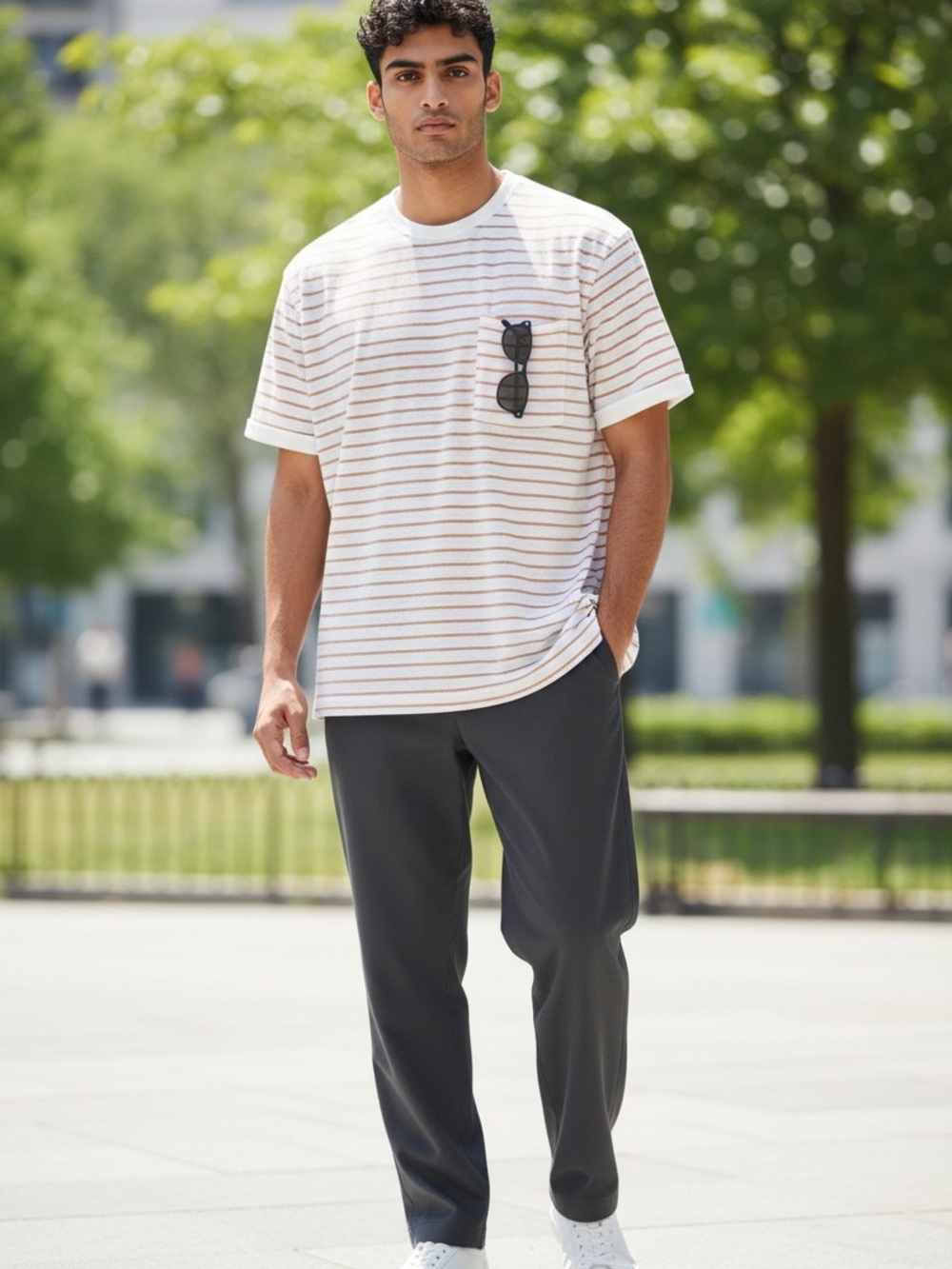 Goodfellow & Co - NWT - Cream and Tan Striped Short-Sleeve Pocket Tee